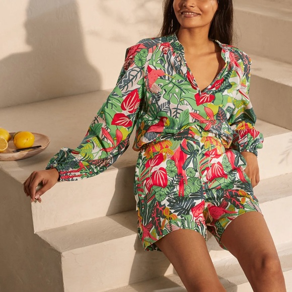 Boden Heather Parrot Print Blouse Size 2 Palm Leaf Paradise Jungle Long Sleeve - Picture 14 of 16